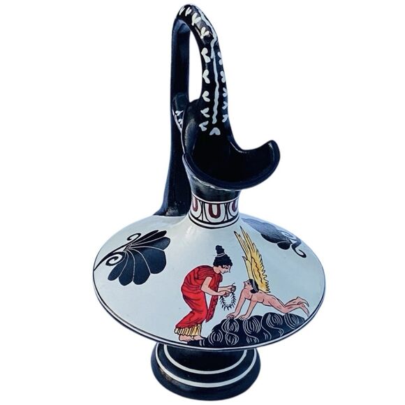 Greece Terra Cotta Hand Painted Ewer Vase Nude Man Angel 7.75” **READ** - Picture 2 of 10